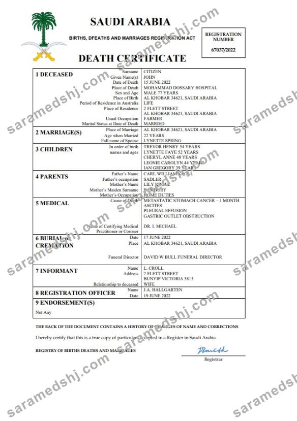 Saudi Arabia death certificate Word and PDF template